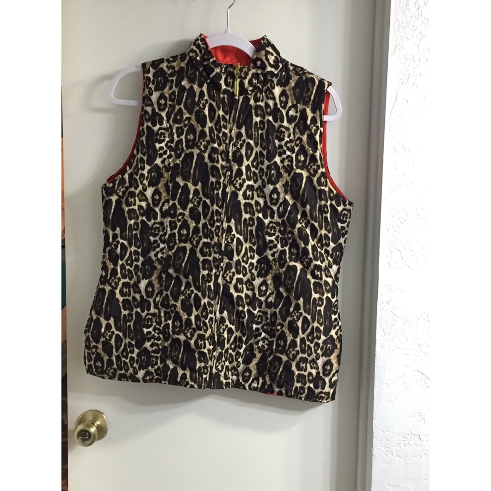 Reversible leopard and orange quilted vest